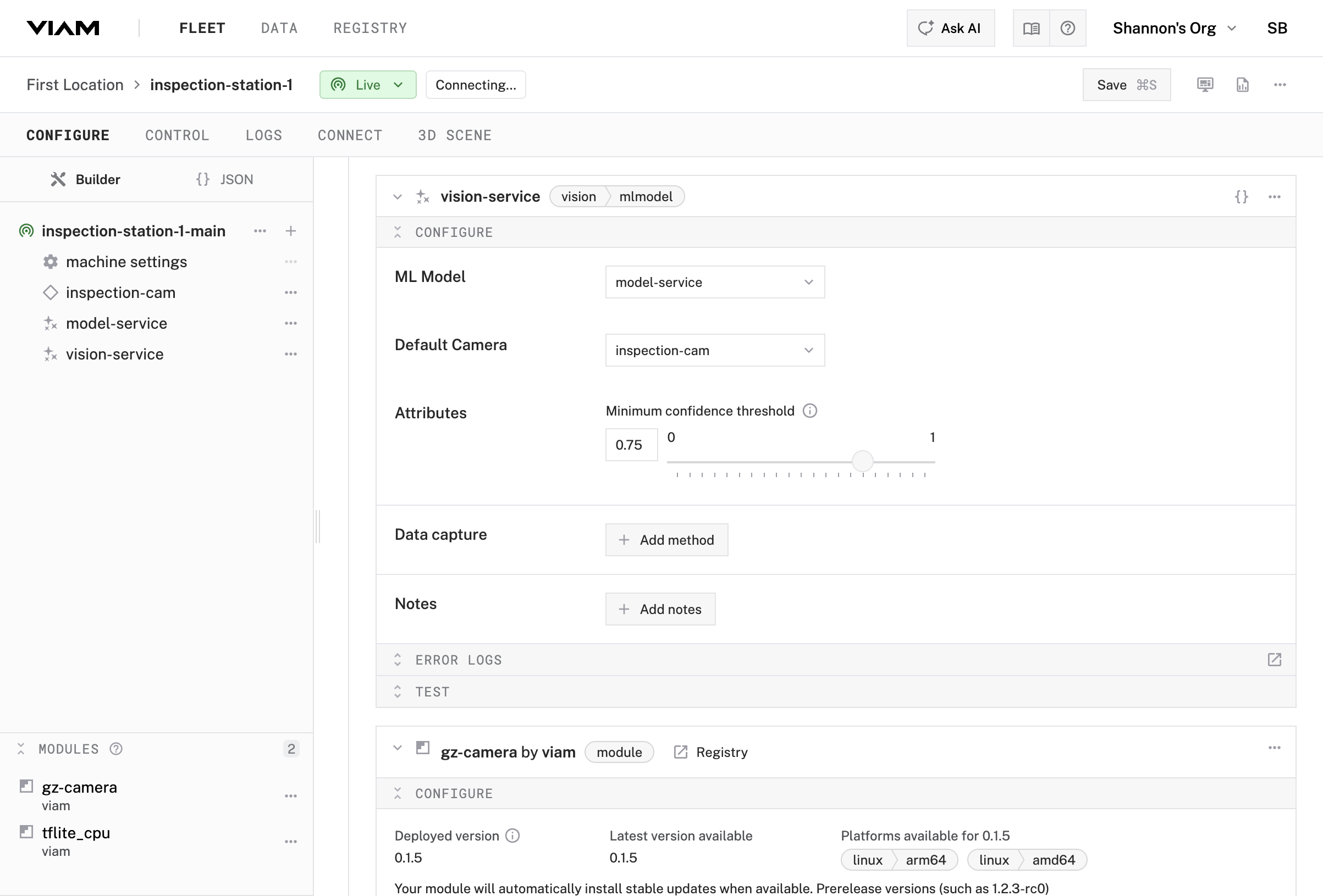 Vision service configuration panel showing ML Model set to model-service, Default Camera set to inspection-cam, and confidence threshold at 0.75.