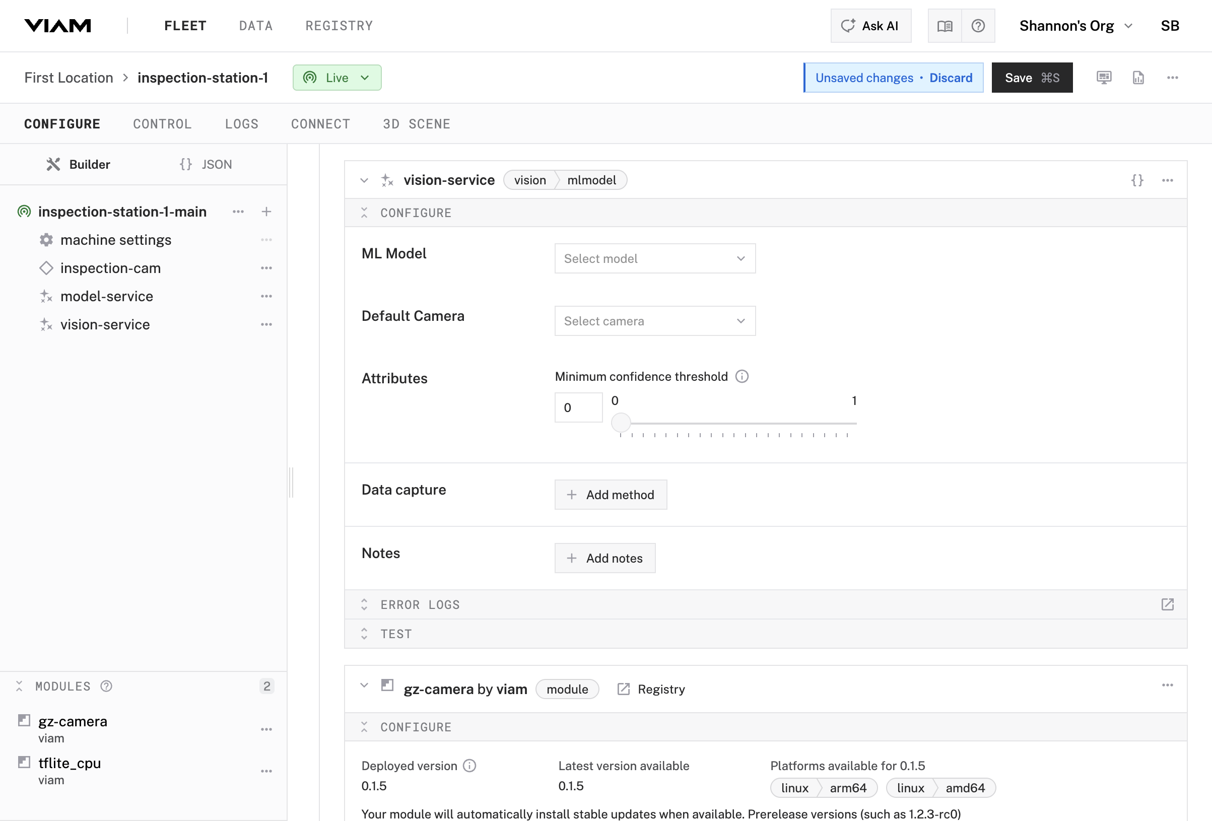 Vision service configuration panel showing the newly created vision-service with empty ML Model and Default Camera dropdowns.